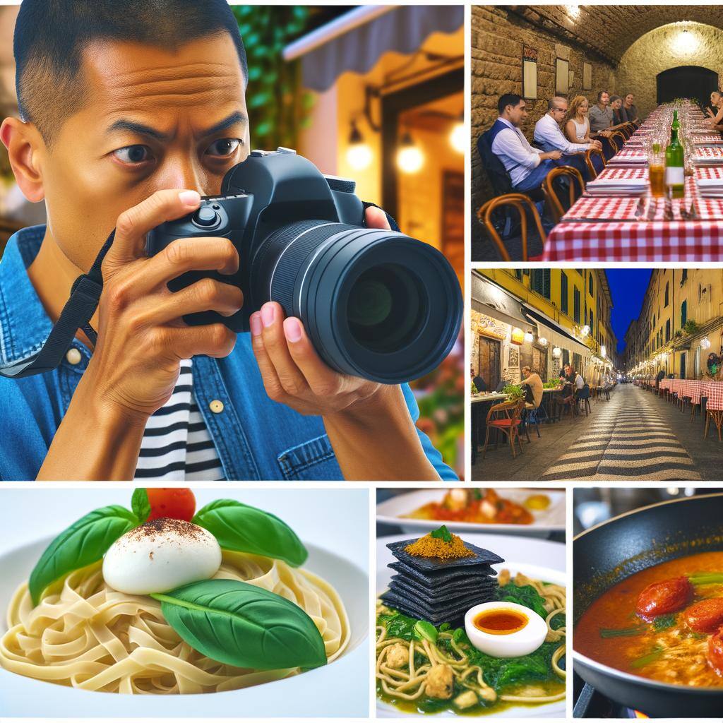 An image of a person holding a camera, filming different restaurant scenes for social media videos, with various dishes being showcased