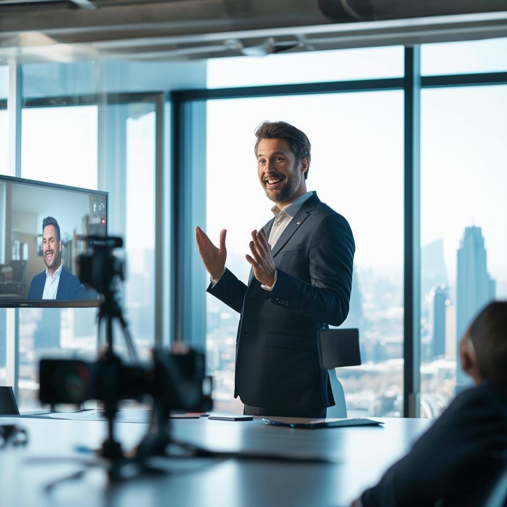 The image depicts a professional setting where a confident executive is delivering a video message to their team